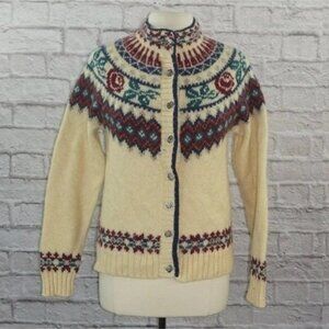 Vintage 80s Woolrich Fair Isle Rose Floral Wool Cardigan Sweater